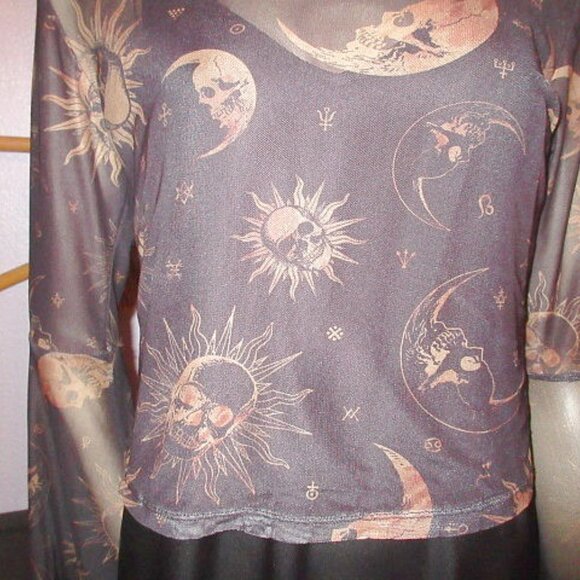 Cosmic Sheer Mesh Sun & Moon Skull Crop Top Size M Celestial Goth Witchy Emo Y2K - Picture 4 of 11